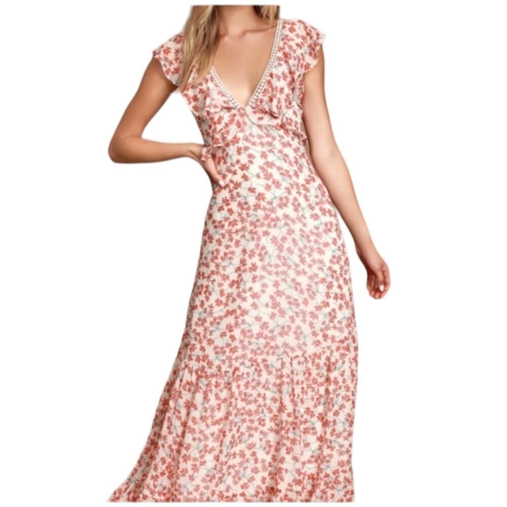Lulu's Darling Daydream Red And White Maxi Dress Ruffles Floral Size Small